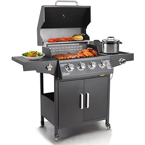 Propane Gas Grill 4 Burners with Side Burner Freestanding Grill Cart with Wheels for Outdoor Garden Cooking Barbecue Grill, Black