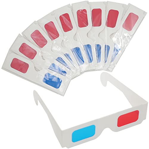 LYMGS 10 Pairs 3D Paper Glasses, Red and Cyan Lens in White Frame Anaglyph Cardboard for Movies - Folded in Protective Sleeve