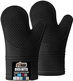 Gorilla Grip Heat Resistant Silicone Oven Mitts Set, Soft Quilted Lining, Extra Long, Waterproof Flexible Gloves for Cooking and BBQ, Kitchen Mitt Potholders, Easy Clean, Set of 2, Black