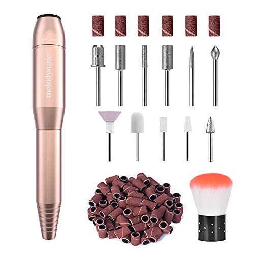 MelodySusie Electric Nail Drill Machine 11 in 1 Kit, Portable Electric Nail File Efile Set for Acrylic Gel Nails, Manicure Pedicure Tool with Nail Drill Bits Sanding Bands Dust Brush, Gold