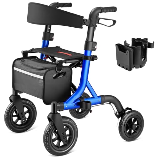 MAXWALK All-Terrain Rollator Walker for Seniors, 10' Rubber Wheels Foldable Walker with Padded Seat and Cup&Phone Holder, Built-in Cable Compact Design Height Adjustable Mobility Walking Aid, Blue
