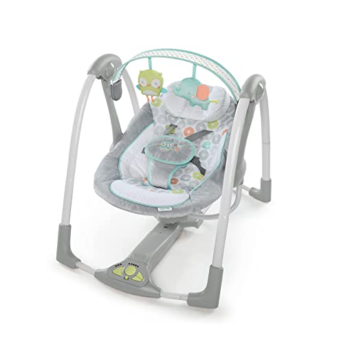 Ingenuity Swing 'n Go 5-Speed Baby Swing - Foldable, Portable, 2 Plush Toys & Sounds, 0-9 Months 6-20 lbs (Hugs & Hoots)