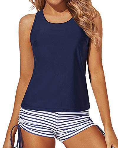 Yonique 3 Piece Tankini Swimsuits for Women Swim Tank Top Bathing Suits with Boy Shorts and Bra Athletic Swimwear Blue L