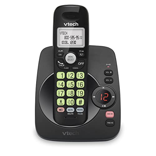 VTech DECT 6.0 Cordless Phone with Answering Machine, Blue-White Display, Backlit Buttons, Full Duplex Speaker, Caller ID/Call Waiting, 1000 ft Range - Black