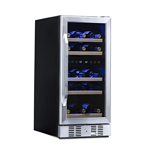 NewAir 15' Built-in or Freestanding 29 Bottle Dual Temperature Zone Wine Fridge, Quiet Operation Wine Cooler with Beech Wood Shelves, Stainless Steel Wine Cellar for Red, White, and Sparkling Wine