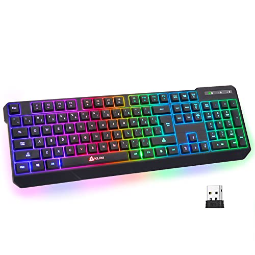 KLIM Chroma Wireless Gaming Keyboard RGB New 2022 Version - Long-Lasting Rechargeable Battery - Quick and Quiet Typing - Water Resistant Backlit Wireless Keyboard for PC PS5 PS4 Xbox One Mac - Black