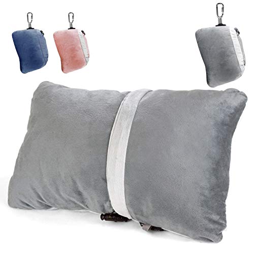 Compact Travel Pillow Made with Shredded Memory Foam and Super Soft Fleece Fabric for Ultimate Comfort in Travel. Patented Design Rolls and Compacts Small for Travel. (Grey)