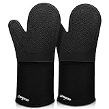 Extra Long Silicone Oven Mitts, sungwoo Durable Heat Resistant Oven Gloves with Quilted Liner Non-Slip Textured Grip Perfect for BBQ, Baking, Cooking and Grilling - 1 Pair 14.6 Inch Black
