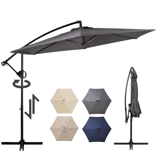 Shintenchi Patio Umbrella, 360-Degree Rotation Hanging Offset Umbrella, Outdoor Cantilever Hanging Umbrella with Easy Tilt,Crank, Cross Base, Poolside Sun Shade Canopy, Dark Gray