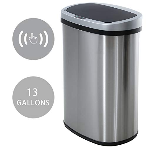 HCB Trash Can Automatic Waste Bin Mute Metal Garbage Can with Lid Stainless Steel 13 Gallon 50 Liter for Kitchen | Office | Bedroom | Bathroom | Living Room