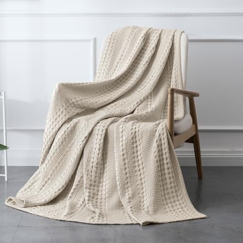 PHF 100% Cotton Waffle Weave Throw Blanket - Lightweight Washed Cotton Throw Blanket for Spring & Summer - 50'x60' Breathable and Skin-Friendly Blanket for Couch Bed and Office - Oatmeal