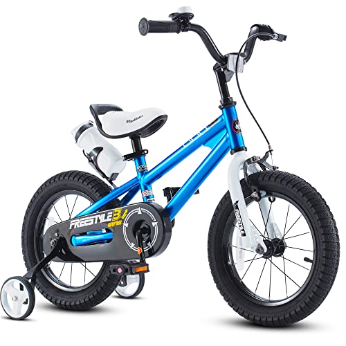 RoyalBaby Freestyle Kids Bike 14 Inch Childrens Bicycle with Training Wheels Toddlers Boys Girls Beginners Ages 3-5 Years, Blue