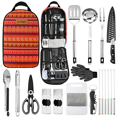 CONJGI Portable Camping Cooking Utensils Set - 19 PCS Outdoor Camping Cookware Set with Carrying Bag,Camp Kitchen Set for Barbecues, Backyards, RV Trips and Open Dinner (Bohemia)