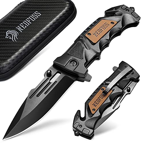 NedFoss Pocket Folding Knife DA75, 3 in 1 Pocket Knife for Men, Survival Knife with Liner-Lock Belt Clip, Seat Belt Cutter, Glass Breaker, Hunting knife for Camping Hiking