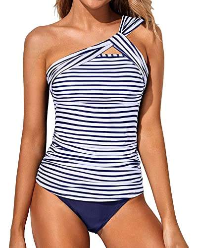 Tempt Me White Blue Stripe Two Piece Tankini Bathing Suits for Women One Shoulder Swim Top with Shorts Swimsuits L