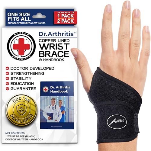 Dr. Arthritis Doctor Developed Copper Wrist Brace/Wrap for Carpal Tunnel Support, Splint Brace -F.D.A. Medical Device & Doctor Handbook-Night Support for Women Men-Right & Left hands (Single)