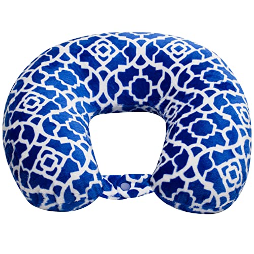 Wolf Essentials Adult Cozy Soft Microfiber Neck Pillow, Compact, Perfect for Plane or Car Travel, Blue Trellis