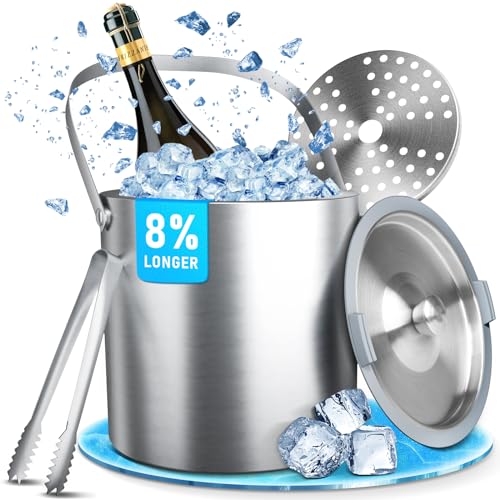 3 Liter Ice Bucket with Silicone Lid, Ice Tongs and Strainer, Newly Upgraded Silicone Cover Keep Ice Frozen Longer - Ideal for Parties, Cocktail Bar, Chilling Wine, Champagne, Camping Gear Essentials