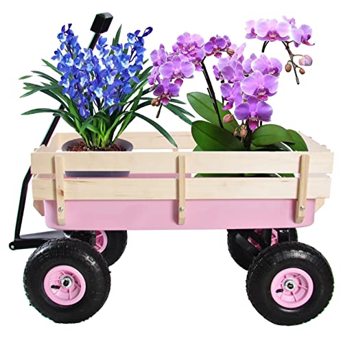 VISRACK Outdoor Sport Wagon All Terrain Pulling w/Removable Wooden Side Panels Air Tires Big Foot Panel Wagon Weight Capacity Sturdy All Steel Wagon Bed Kids' Pull-Along Wagons (Pink)