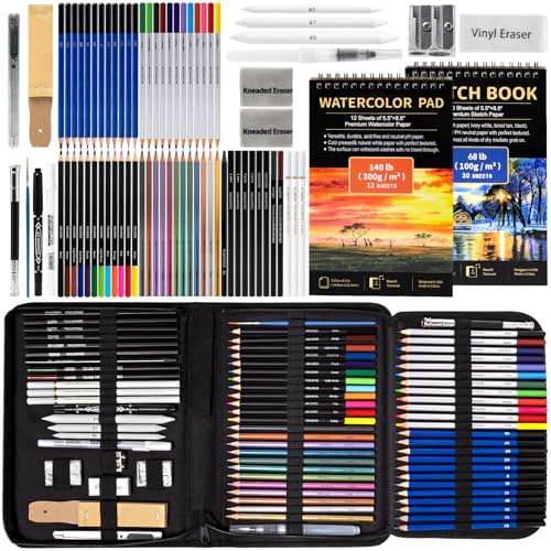Drawdart Art Supplies Drawing Pencils Set - 76 Pack Pro Sketching Kit with Sketchbook & Watercolor Pad, Includes Graphite, Charcoal, Watercolor & Metallic Pencils for Kids, Teens, Adults