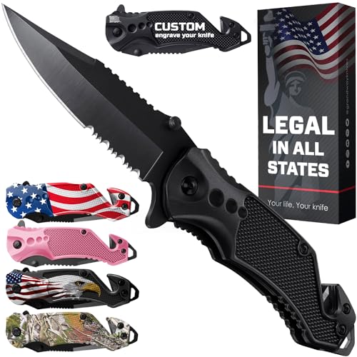 2.95” Serrated Blade Pocket Knife - Black Folding Knife with Glass Breaker and Seatbelt Cutter - Small EDC Knife with Pocket Clip for Men Women - Sharp Tactical Camping Survival Hiking Knives 6680