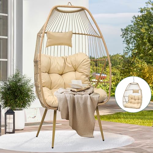 YITAHOME 2 in 1 Egg Chairs with Stand Egg Hanging Swing Chairs Rattan Wicker Chairs with Cushions Indoor Outdoor Chairs 330LBS for Patio, Garden, Backyard, Porch, Beige