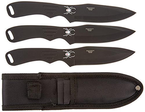 BladesUSA Perfect Point Throwing Knives – Set of 3 – Black Stainless Steel Blades and Handles w/ Spider Design, Nylon Sheath, Full Tang Construction, Well Balanced, Throwing Sport Knives – RC-1793B