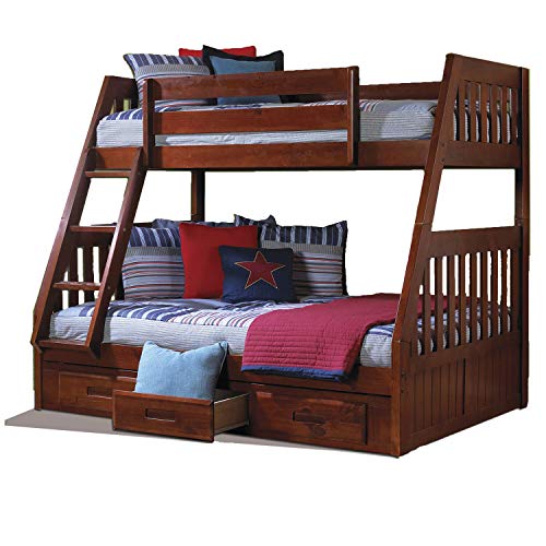 American Furniture Classics Model 2818-TFM, Solid Pine Mission Twin Over Full Bed with Three Drawers in Merlot. Bunk