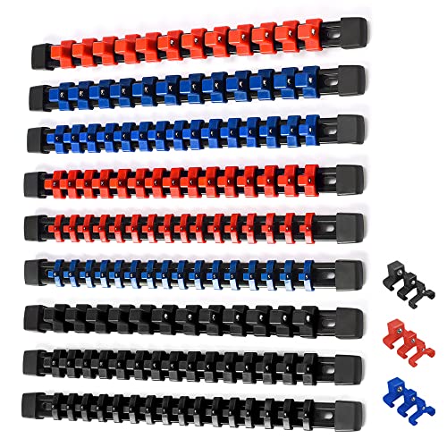 ALOANES 9PC ABS Socket Organizer, 1/2 inch, 3/8 inchand1/4 inch Drive Socket Rail Holders, Heavy Duty Socket Racks, Black Rails with Red Blue Black Clips