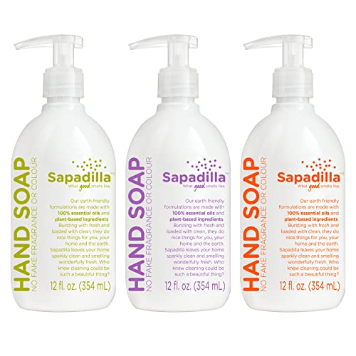Sapadilla Liquid Hand Soap - Three Scent Variety - Made with 100% Pure Essential Oil Blends, Cleansing & Moisturizing, Aromatic & Fragrant Hand Soap, Plant Based, Biodegradable, 12 Ounce, (Pack of 3)