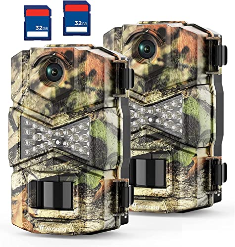 WOSODA Trail Camera 2 Pack 24MP 1080P HD - Game Camera With 32GB SD Card, Fast Trigger Time Infrared Night Vision Hunting Camera, Waterproof Wildlife Camera for Monitoring