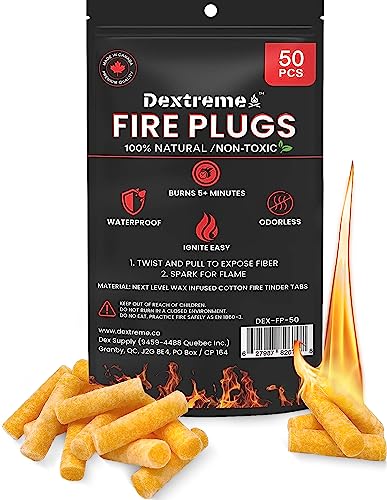 Dextreme Fire Plugs (50) Waterproof Fire Starter for Campfires, Emergencies, Survival, Fire Pits, Grills | 5+ Minute Burn | All Natural | Made in North America