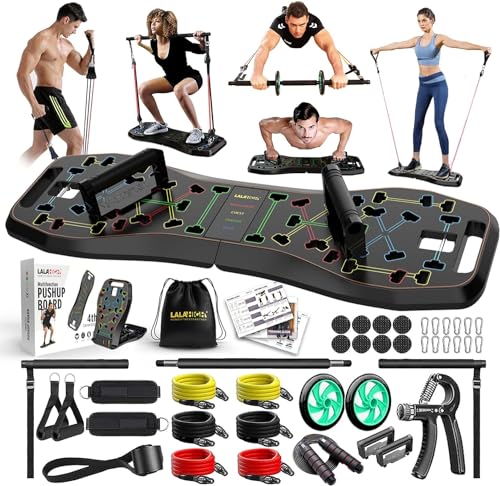LALAHIGH Portable Home Gym System: Large Compact Push Up Board, Pilates Bar & 20 Fitness Accessories with Resistance Bands Ab Roller Wheel - Full Body Workout for Men and Women, Gift for Boyfriend