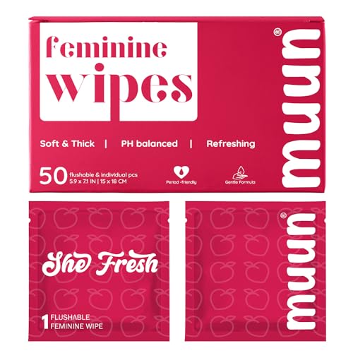 Muun Feminine Wipes Flushable - 50 Counts Individual Vaginal Wipes Ph Balance, Anti Itch Deodorant Hygiene Wrapped Personal Cleansing, Wet Wipes for Intimate, Butt