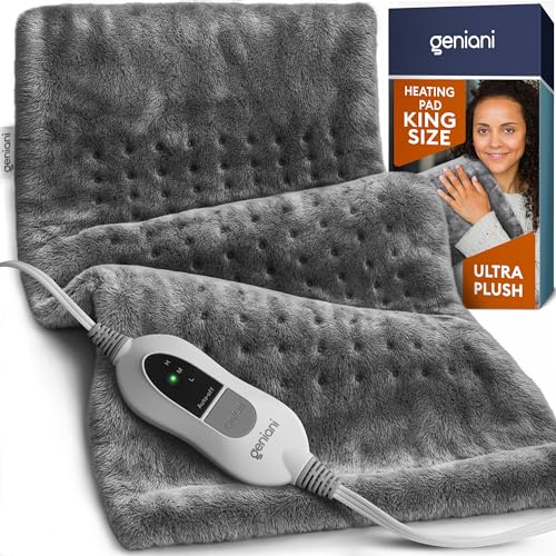 GENIANI King Size Heating Pad for Back Pain & Cramps Relief, FSA HSA Eligible, Auto Shut Off, Machine Washable, Moist Heat Pad for Neck & Shoulder, Knee, Leg, Tabby Gray 12'‘×24’’