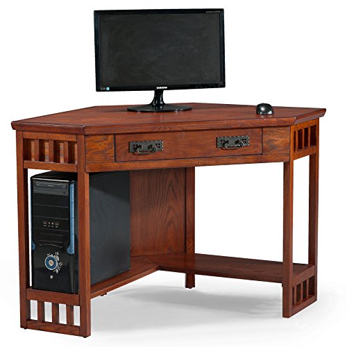Leick Home 82430 Mission Corner Desk, Writing Computer Desk with Drop Front Keyboard Drawer, for Home Office, Solid Wood, Mission Oak