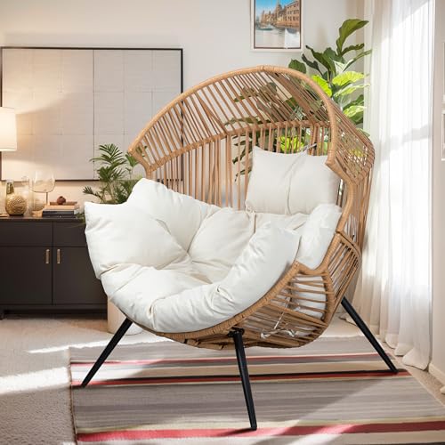 Vongrasig Wicker Egg Chair PE Rattan Chair with Cushion, Oversized Patio Lounge Chair for Outdoor, Indoor, Balcony, Backyard, Garden, Beige