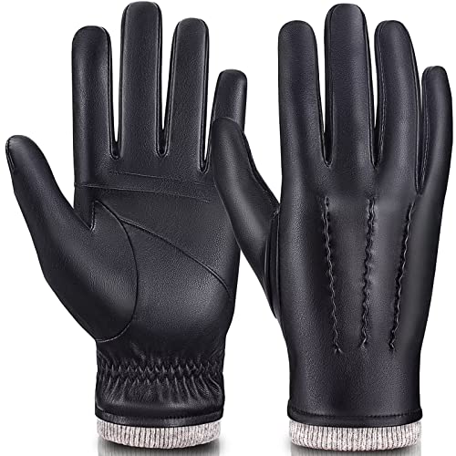 MAGILINK Mens Leather Gloves Touchscreen Texting, Winter Gloves Men Cold Weather with Warm Thermal Wool Fleece Lined, Driving Gloves Men Anti-slip Motorcycle Cycling(Black-L)