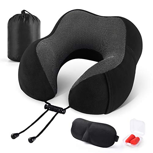 Emgthe Travel Pillow 100% Memory Foam Pillow, Neck Pillow for Airplane, Neck & Head Support Pillow for Sleeping Rest & Car, Travel Pillows Kit with Storage Bag, Sleep Mask and Earplugs Black