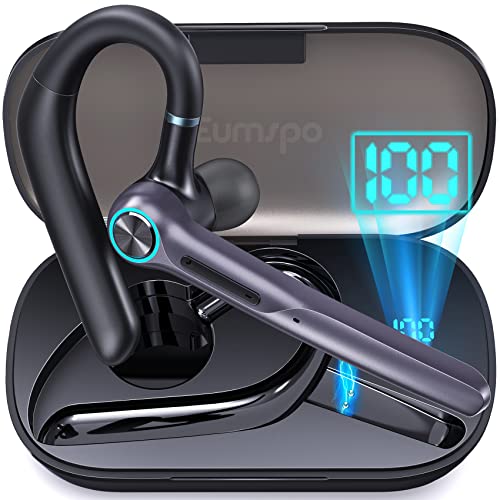 Eumspo Bluetooth Headset Wireless Earpiece 60Hrs Playback Built-in Dual Mic Noise Canceling Wireless Headset Earphone with 400mAh LED Charging Case for Business Office Trucker