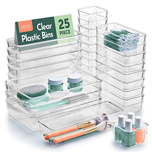 Ruboxa Clear Drawer Organizer - 25 PCS Clear Plastic Drawer Organizers for Home Organization and Storage, Including 4 Sizes Small Organizer Bins, Non-Slip Pads, for Bathroom, Kitchen, Vanity & Office