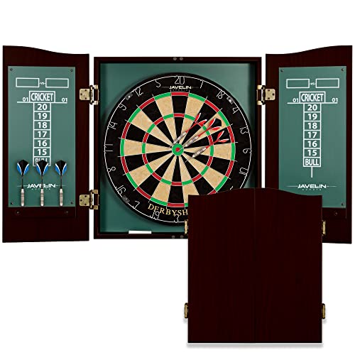 EastPoint Sports Derbyshire Official Size Dart Board Cabinet Set- Easy-Assembly & Complete with 6 Deluxe Steel Tip Darts and Accessories -Premium Darts Set with Scoreboard for Bar Games & Indoor Games