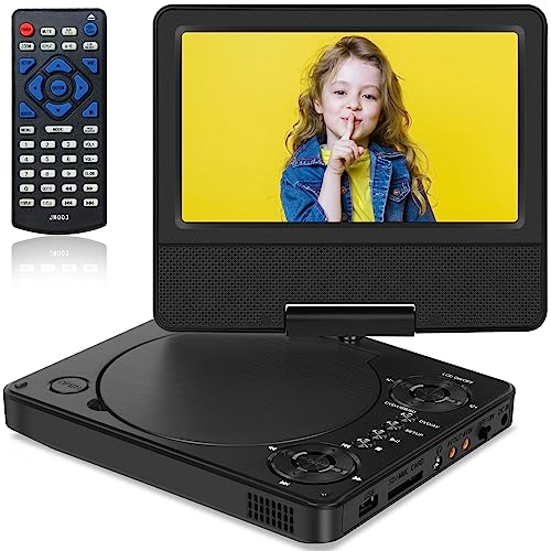 Jekero 9.5' Portable DVD Player with 7.5' Swivel Display Screen, 5-Hour Built-in Rechargeable Battery, Car DVD Player for Kids and Car, Dual Speakers, Sync TV, Support SD Card/USB/Disc Regions Free