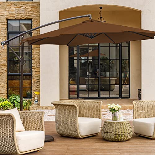 wikiwiki H Series Patio Offset Hanging Umbrella 10 FT Cantilever Outdoor Umbrellas w/Infinite Tilt, Fade Resistant Waterproof Solution-Dyed Canopy & Cross Base, for Yard, Garden & Deck (Wood)