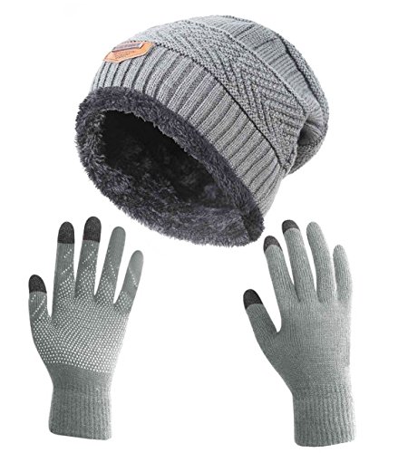 HINDAWI Winter Gloves Slouchy Beanie for Women Knit Warm Hat Skull Cap Touch Screen Mittens Grey