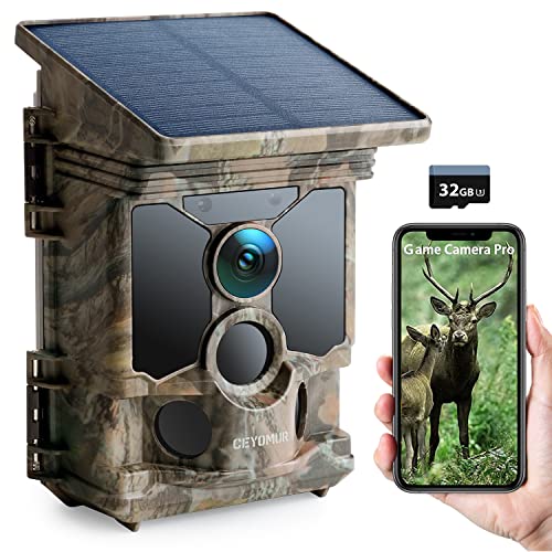 CEYOMUR Solar Trail Camera 4K 30fps, WiFi Bluetooth 40MP Game Camera, 120° Detection Angle Night Vision Motion Activated IP66 Waterproof for Wildlife Monitoring with U3 32GB Micro SD Card