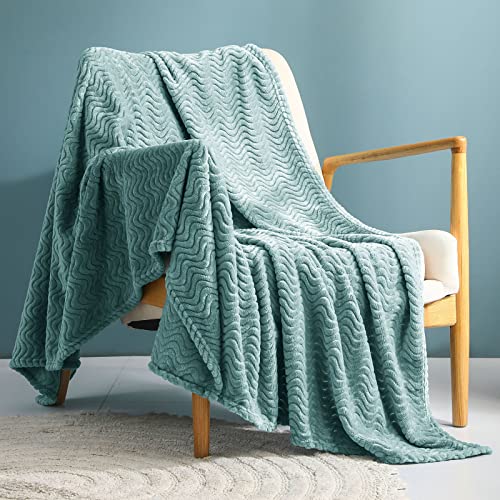 Exclusivo Mezcla Large Flannel Fleece Throw Blanket, Jacquard Weave Wave Pattern (50' x 70', Celadon) - Soft, Warm, Lightweight and Decorative