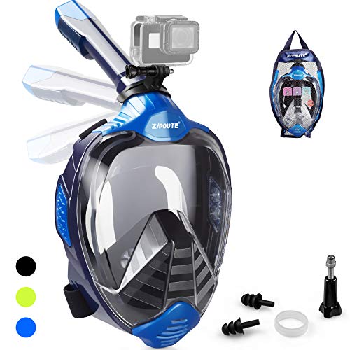 ZIPOUTE Snorkel Mask Full Face, Foldable Full Face Snorkel Mask with Detachable Camera Mount and Earplugs, 180 Panoramic View Anti-Fog Anti-Leak Snorkeling Mask for Adults (Blue, L/XL)