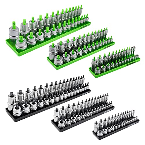 OEMTOOLS 22233 6 Piece SAE and Metric Socket Tray Set, SAE and Metric Socket Storage for Sizes 1/4', 3/8”, and 1/2' Drive, Socket Holders and Socket Organizer Tray for Toolbox, Green and Black