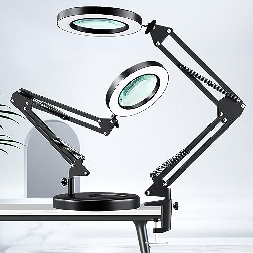 10X Magnifying Glass with Light, HITTI 1,800 Lumens Stepless Dimmable, 3 Color Modes, 4.2″ Real Glass Lens LED Desk Lamp & Clamp, Magnifier Light and Stand for Crafts Welding Close Work